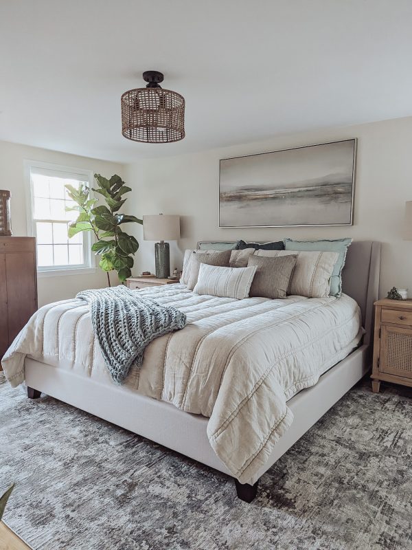 master bedroom refresh by Only Prettier Design, featuring neutral furniture and bedding