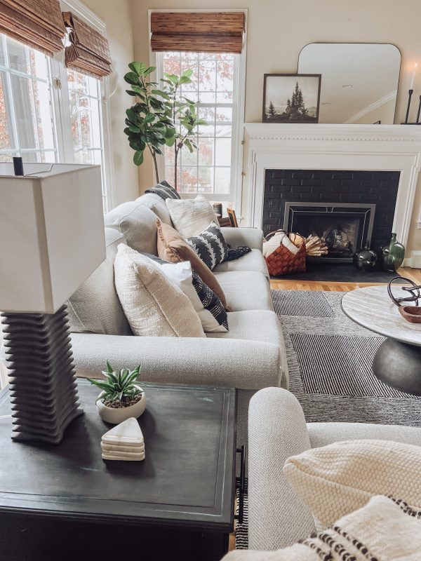 traditional meets modern in beautiful neutral living room designed by Only Prettier Design featuring beige and brown furniture, natural light, and home decor